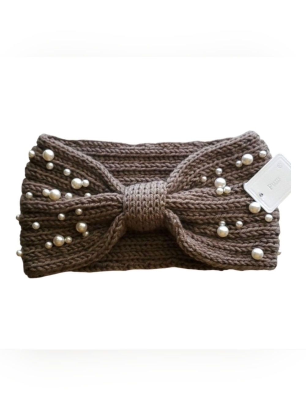 Bow Shaped Winter Knit Headband with Faux Pearls